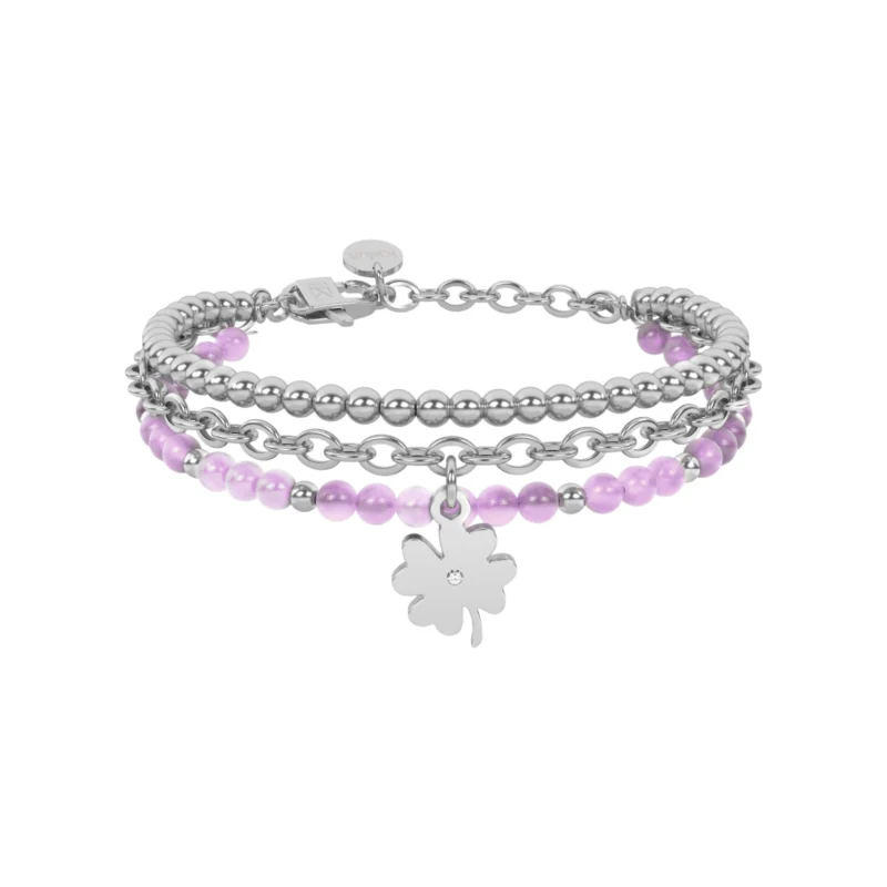 Bracciale giada rosa con ciondolo quadrifoglio