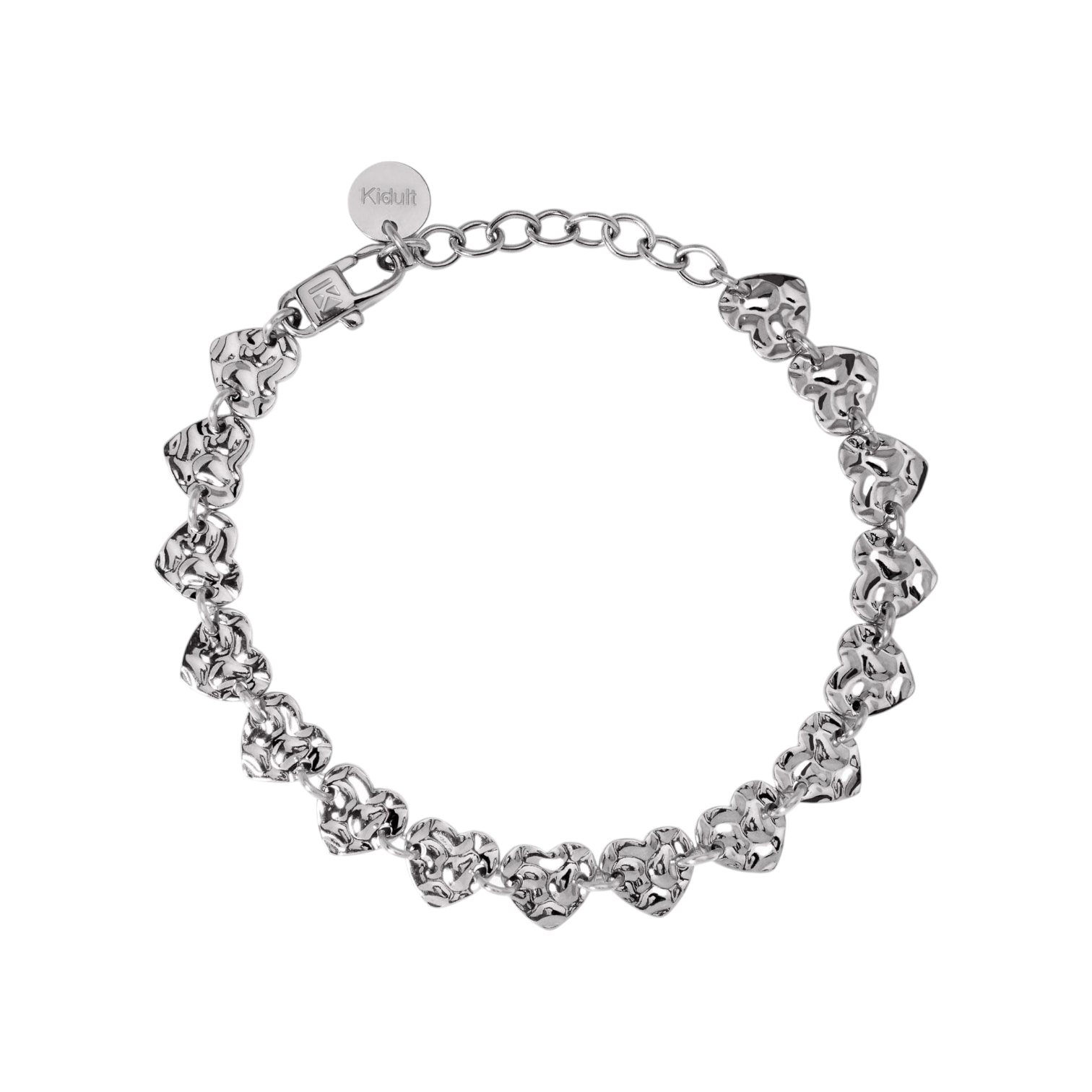 Bracciale cuori con effetto martellato in acciaio argentato