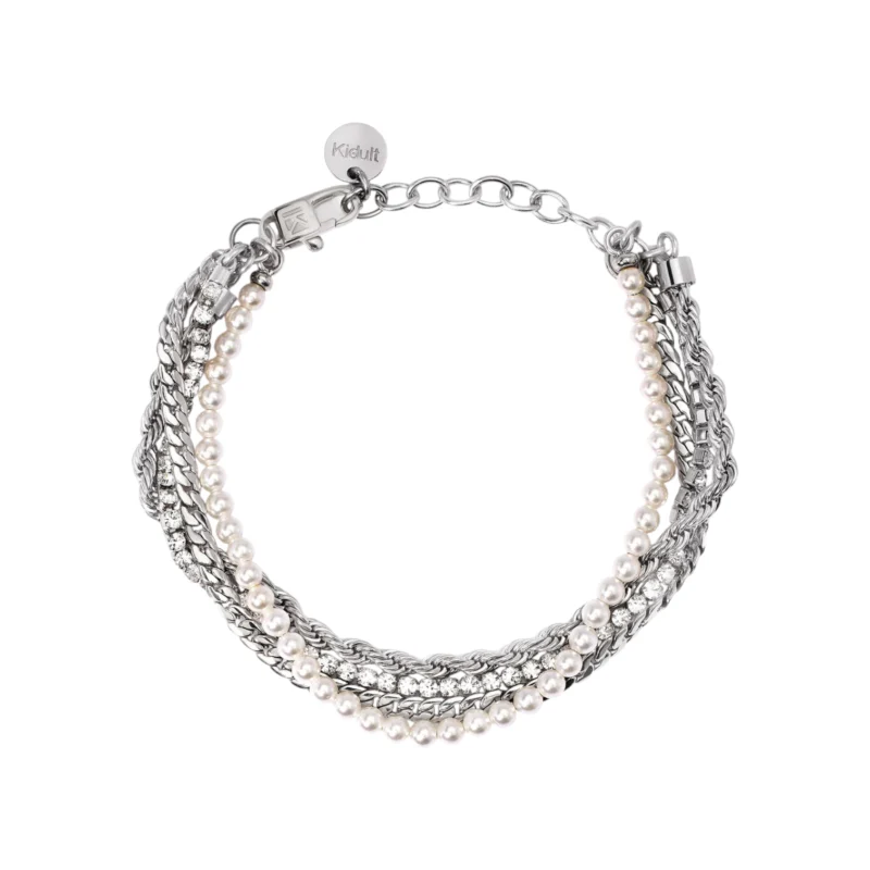 Bracciale catene con perle e tennis di cristalli bianchi