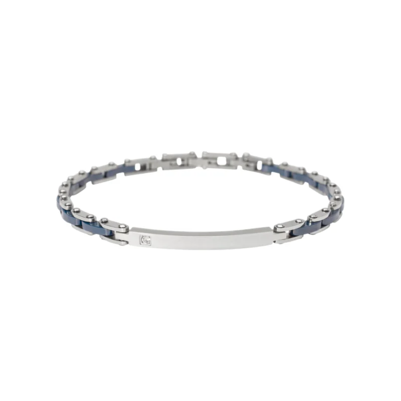 Bracciale in acciaio con elementi imperniati in ceramica blu, piastra centrale e cristallo