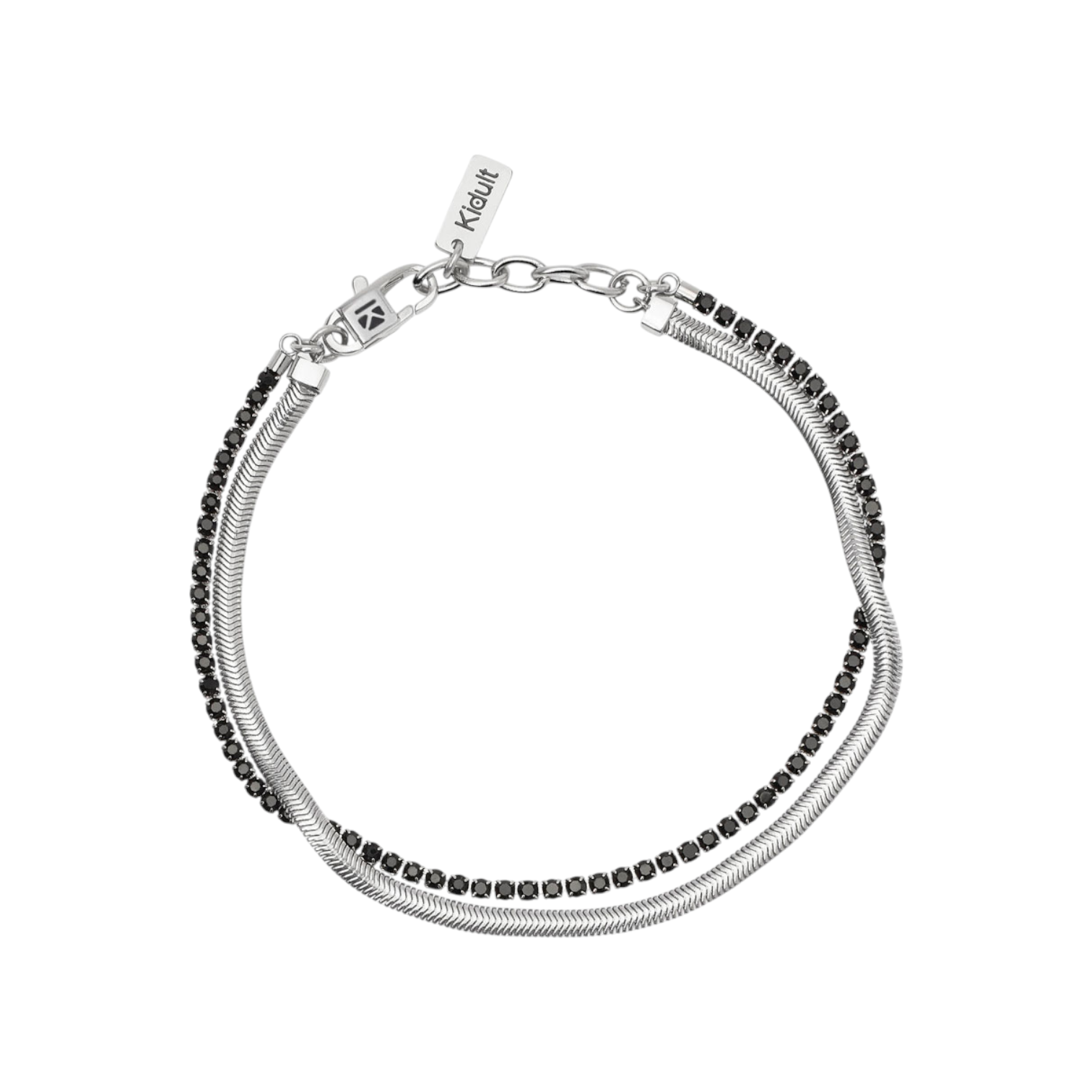 Bracciale con catena snake e tennis di cristalli neri.