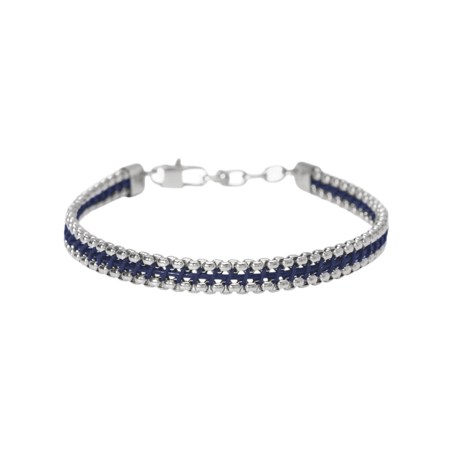 Bracciale con catene veneziane, nylon blu e pelle
