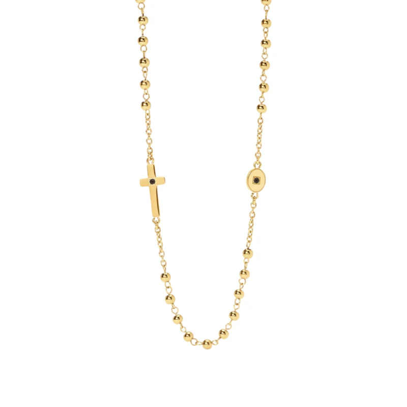 Collana in  PVD giallo e croce con cristalli neri